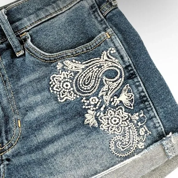 Hollister Jean Shorts Womens High Rise Embroidered Shorts Frayed Blue size 29